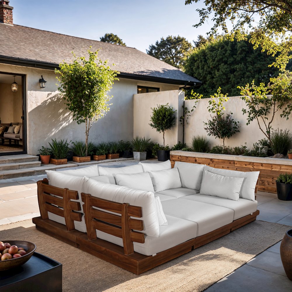 Mirella 113" White Water Resistant Fabric 6pc Patio Sectional. Picture 2