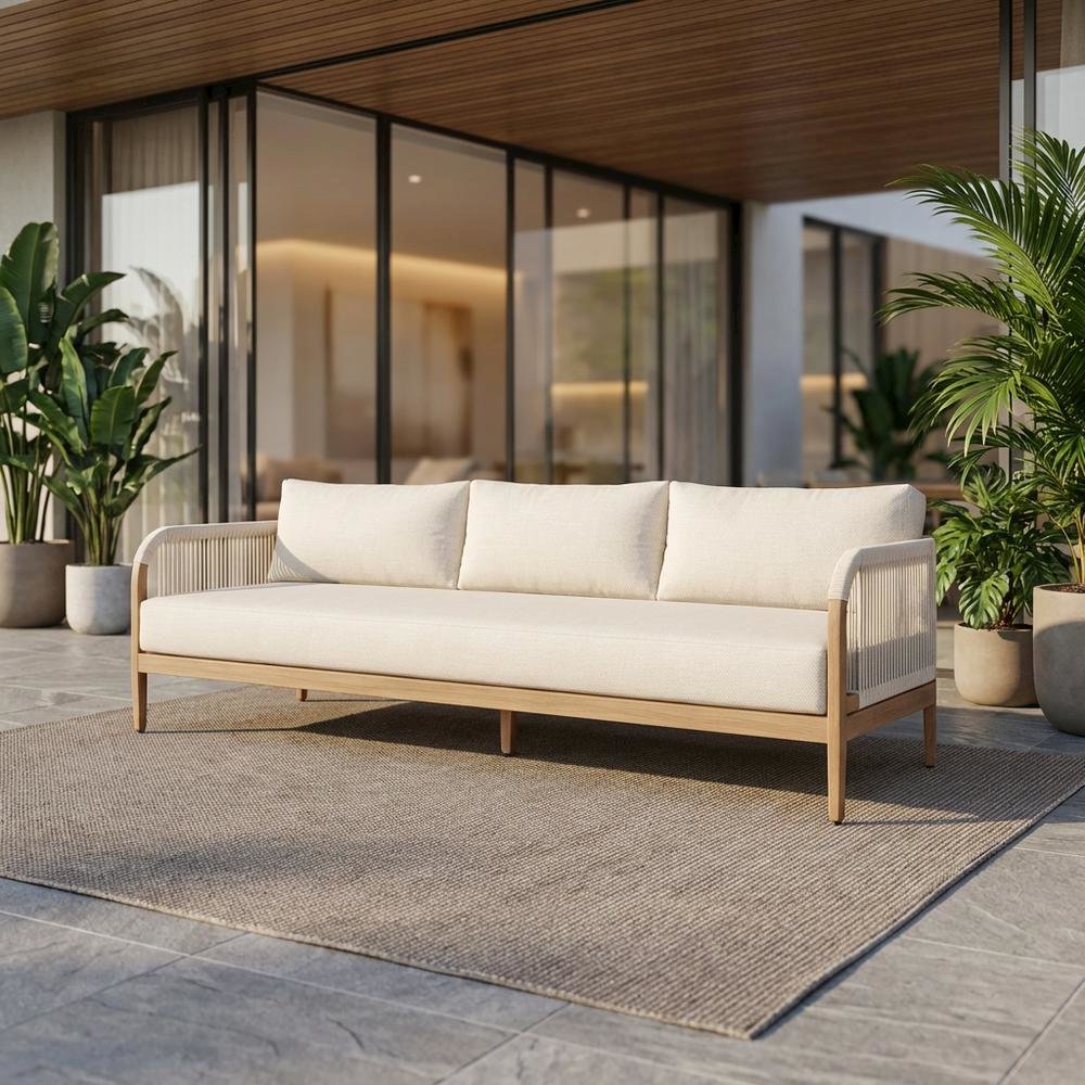 Cream Fabric Outdoor Patio Sofa With Aluminum Frame And Cushions. Picture 2