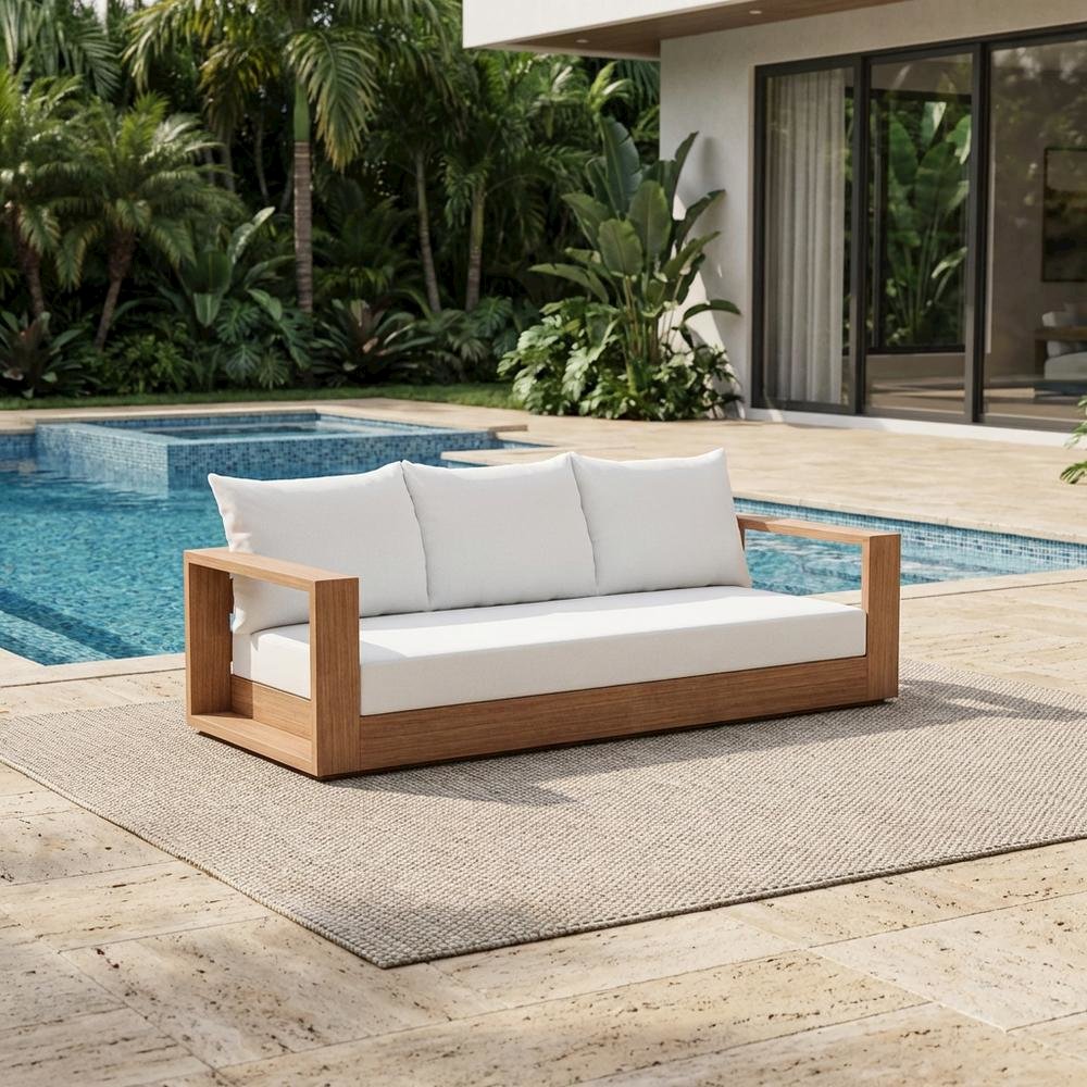 Contemporary White Fabric Outdoor Sofa With Cushions And Teak Finish. Picture 3