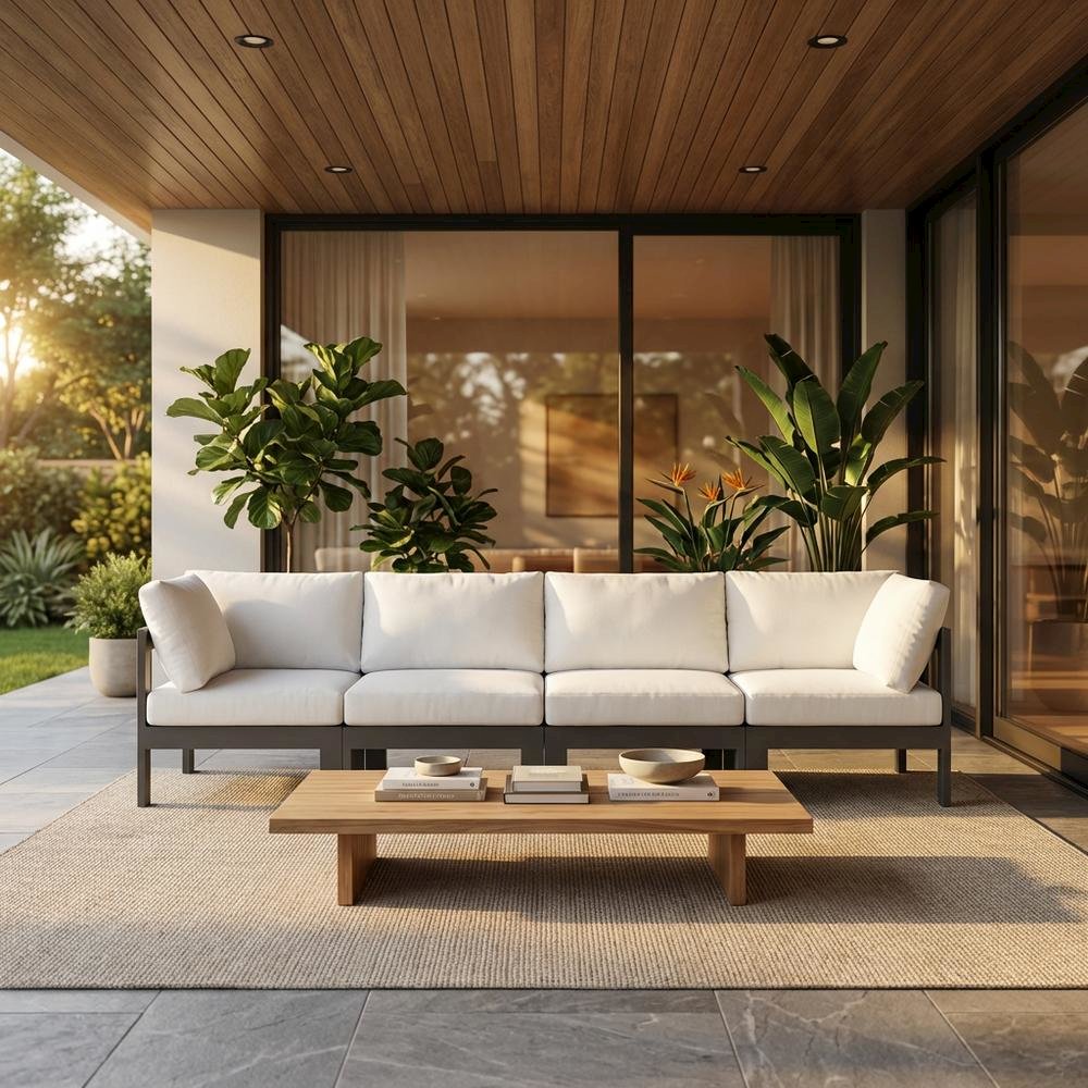 White Fabric Outdoor Patio Modular Sofa With Contemporary Style. Picture 2