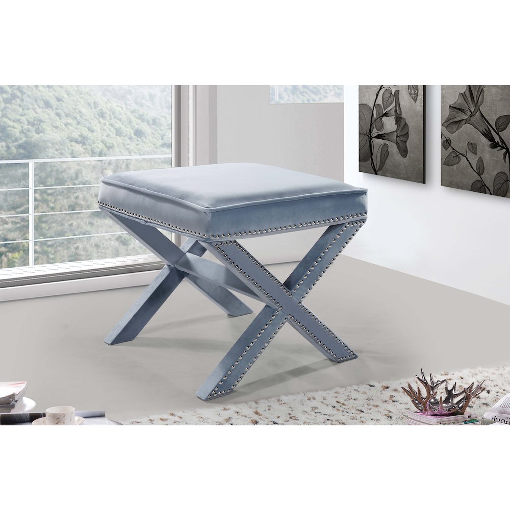 Nixon Sky Blue Velvet Ottoman/Bench. Picture 2