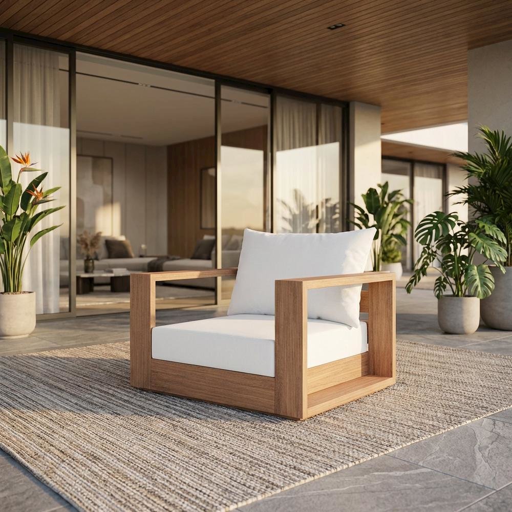 Contemporary White Fabric Outdoor Chair With Pillow And Finish - Natural Teak. Picture 2