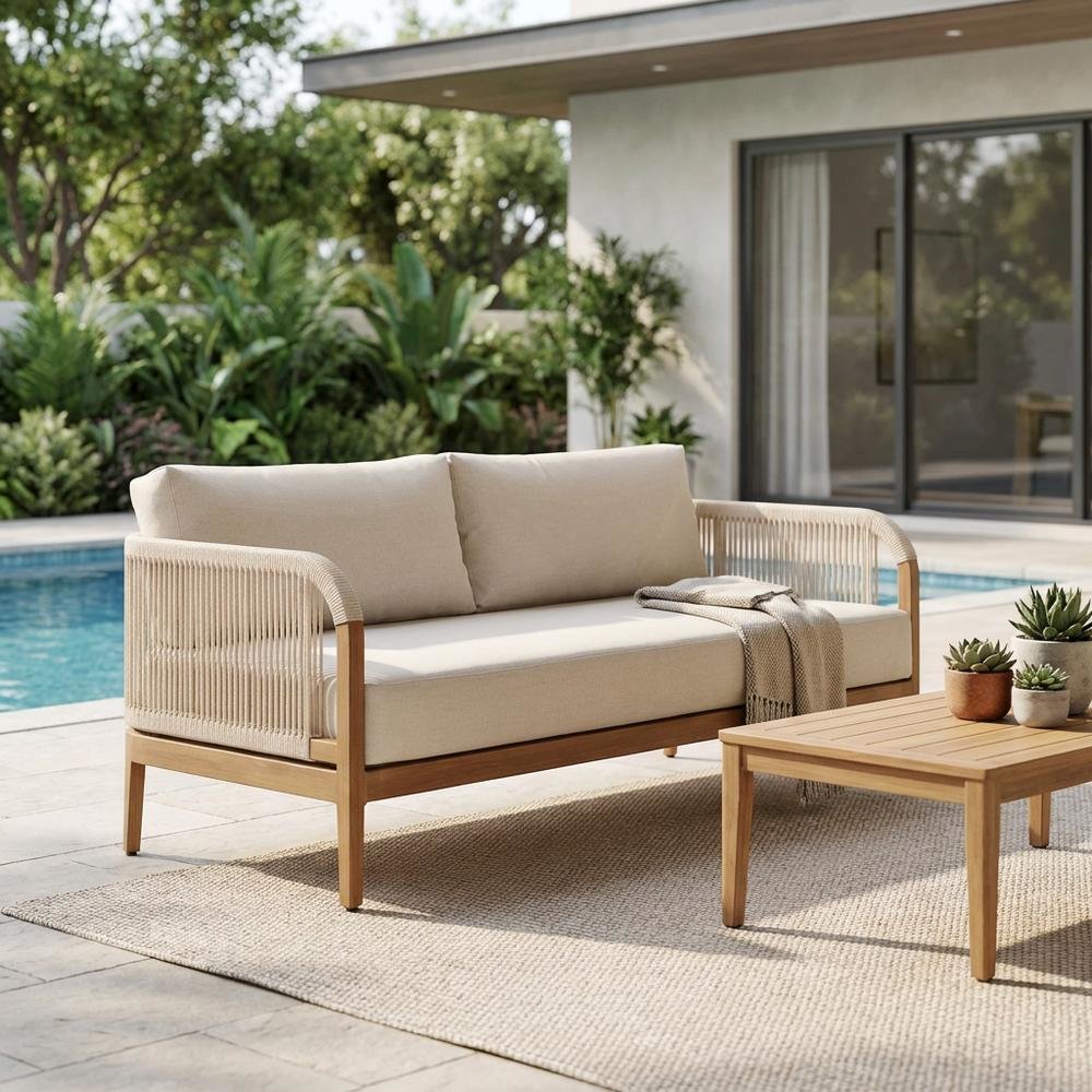 Cream Fabric Outdoor Patio Loveseat With Aluminum Frame And Cushions. Picture 3