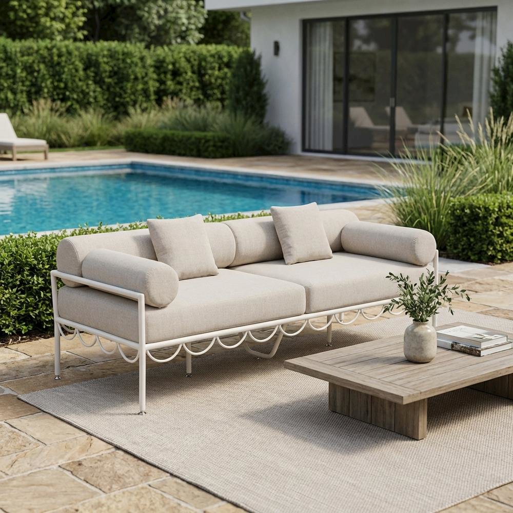 Beige Water Repellent Outdoor Sofa with Cushions and Stylish Art Deco Design. Picture 3