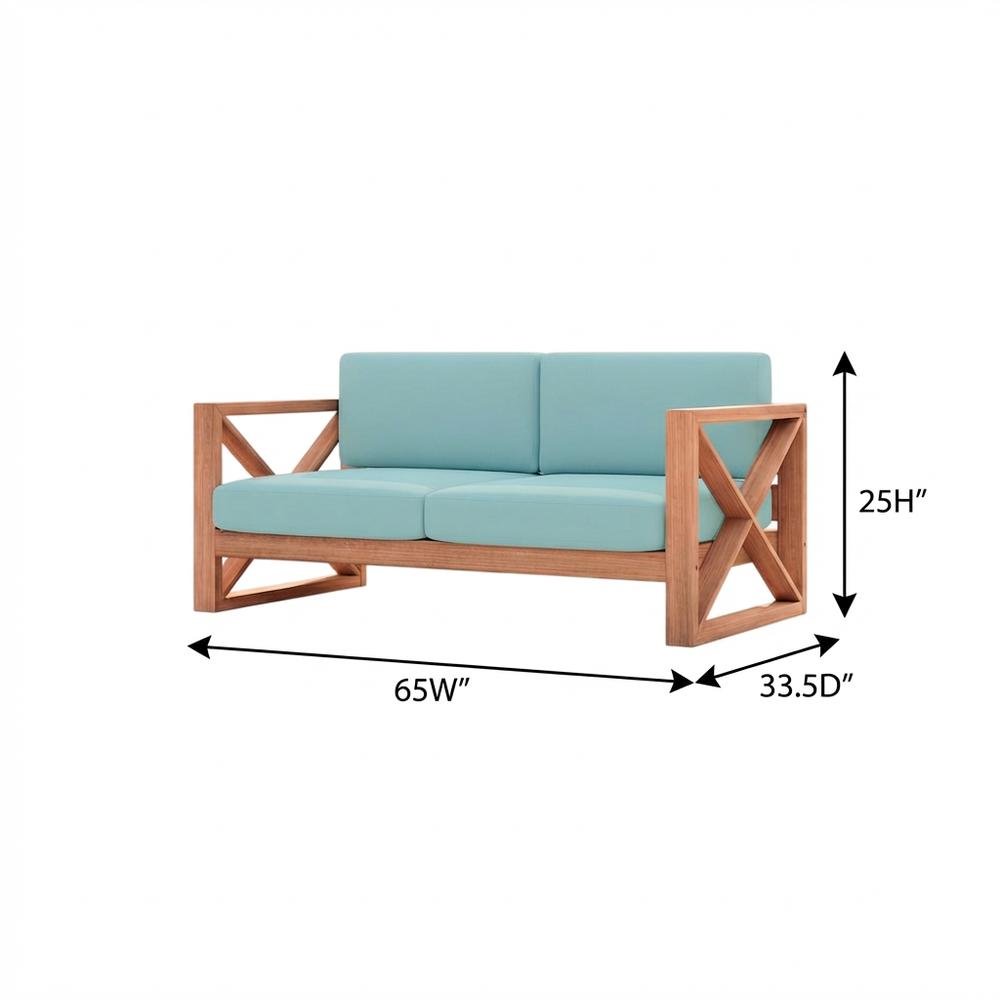 Blue Fabric Outdoor Loveseat With Pillow And Light Finish. Picture 7