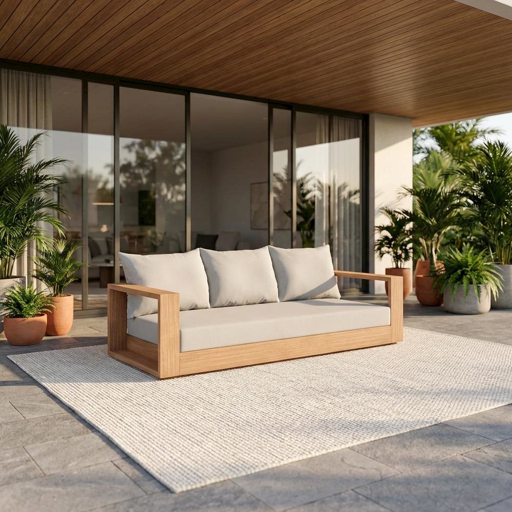 Contemporary Gray Fabric Outdoor Sofa With Cushions And Finish In Teak. Picture 2