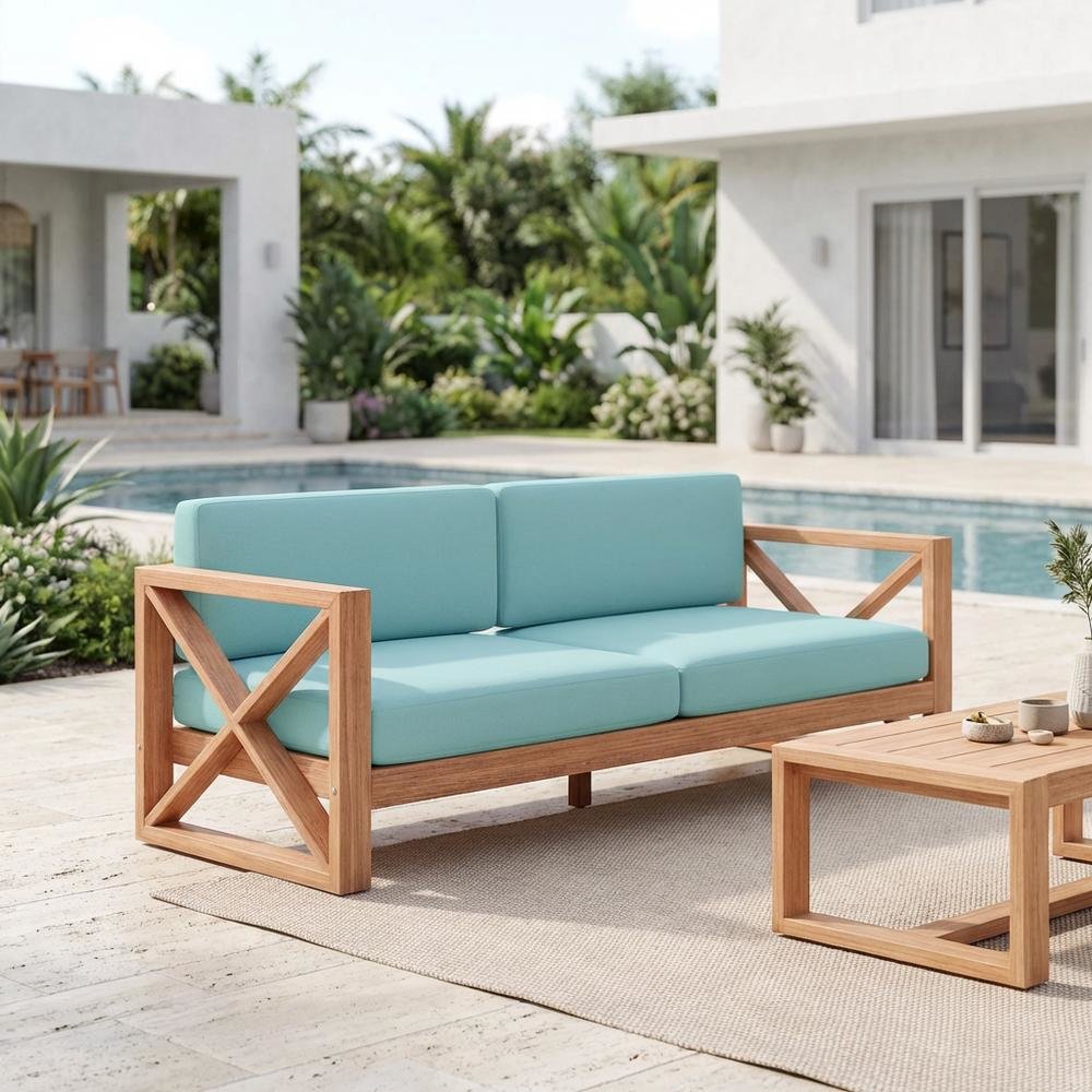 Blue Fabric Outdoor Sofa With Natural Teak Finish And Cushioned Seat. Picture 3