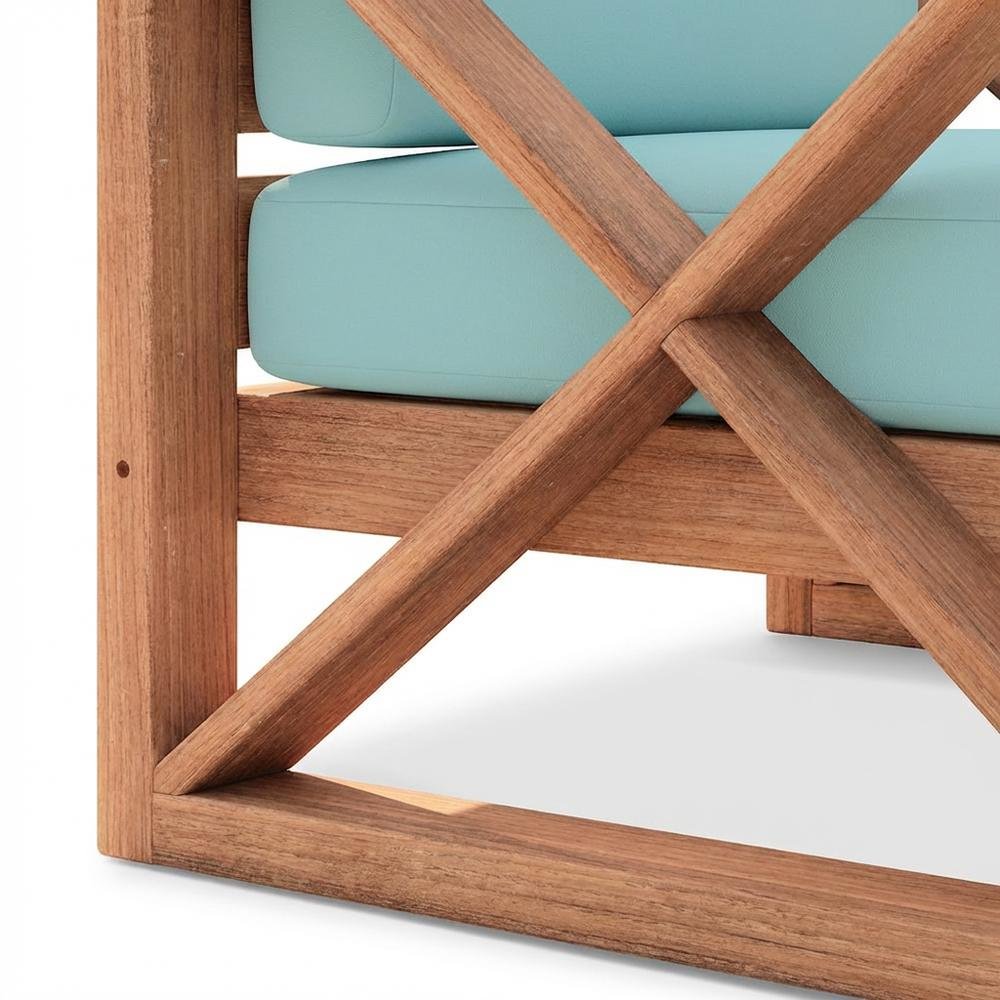 Blue Fabric Outdoor Chair With Cushioned Seat And Teak Finish. Picture 6