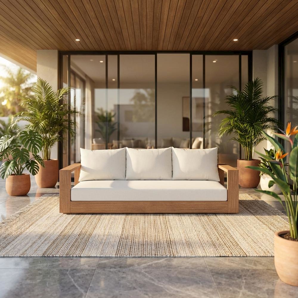 Contemporary White Fabric Outdoor Sofa With Cushions And Teak Finish. Picture 2