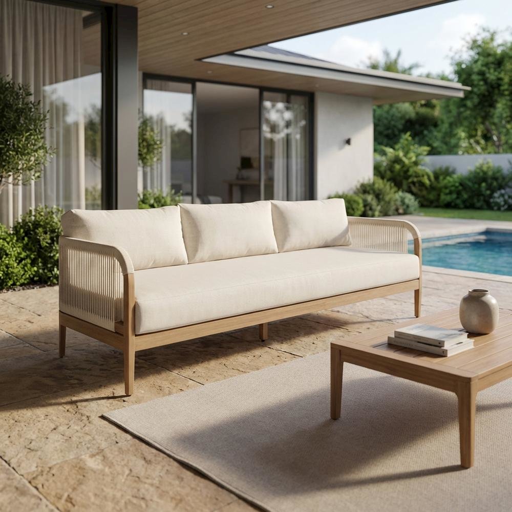 Cream Fabric Outdoor Patio Sofa With Aluminum Frame And Cushions. Picture 3