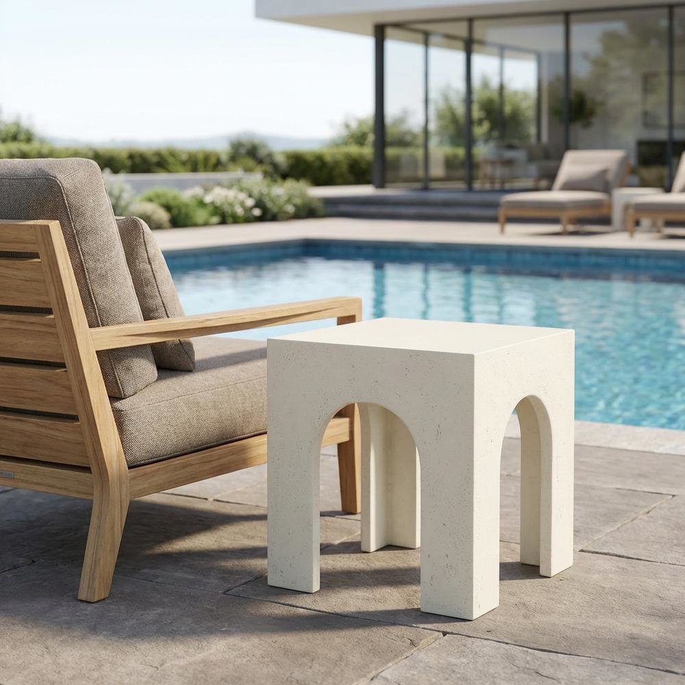 Cream Concrete and Fiberglass Outdoor End Table with Angular Legs. Picture 3