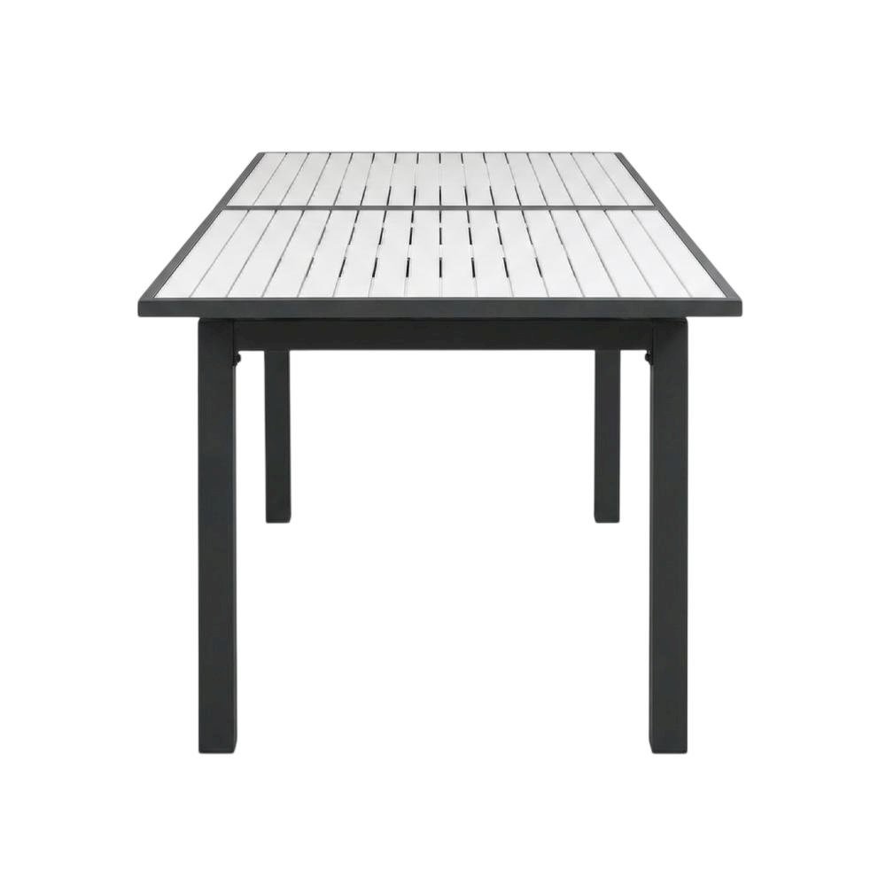 White Wood Look Patio Dining Table With Aluminum Frame And Adjustable Width. Picture 4