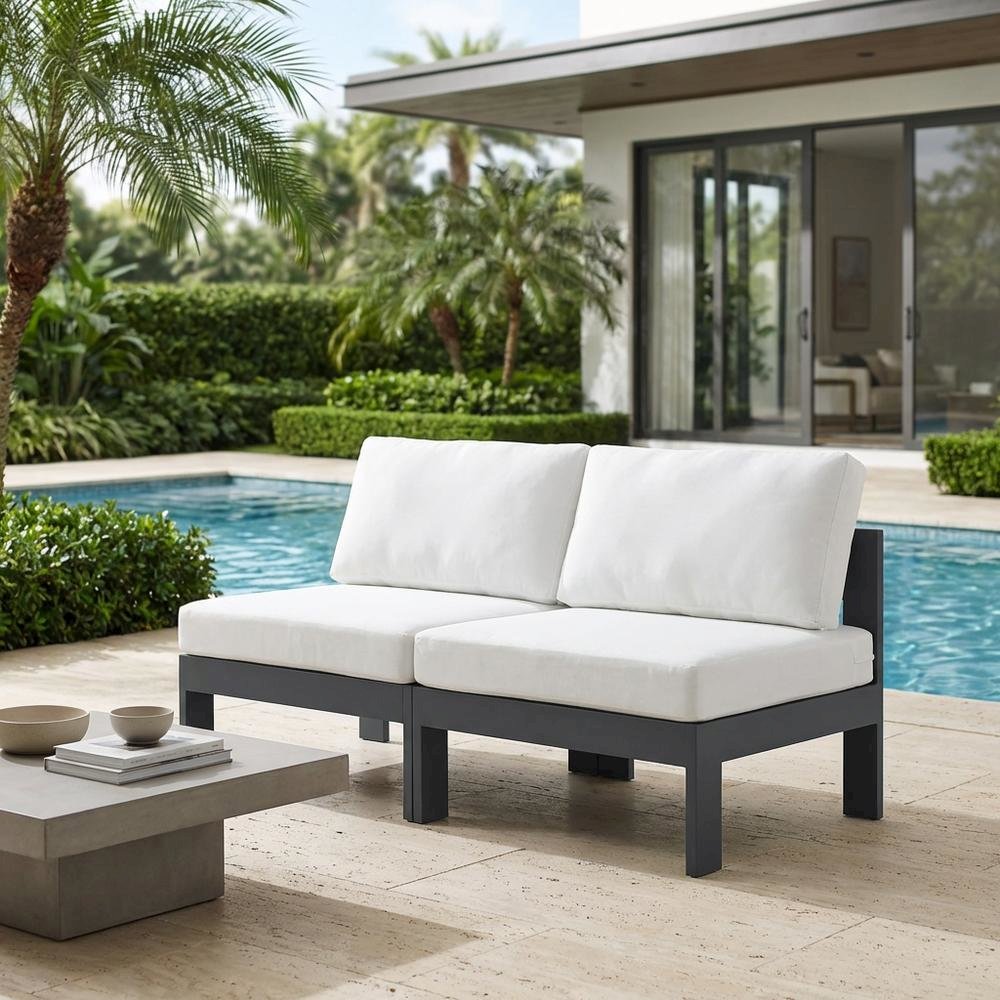 White Fabric Outdoor Patio Modular Sofa, Contemporary Style, Cushioned Seat. Picture 3
