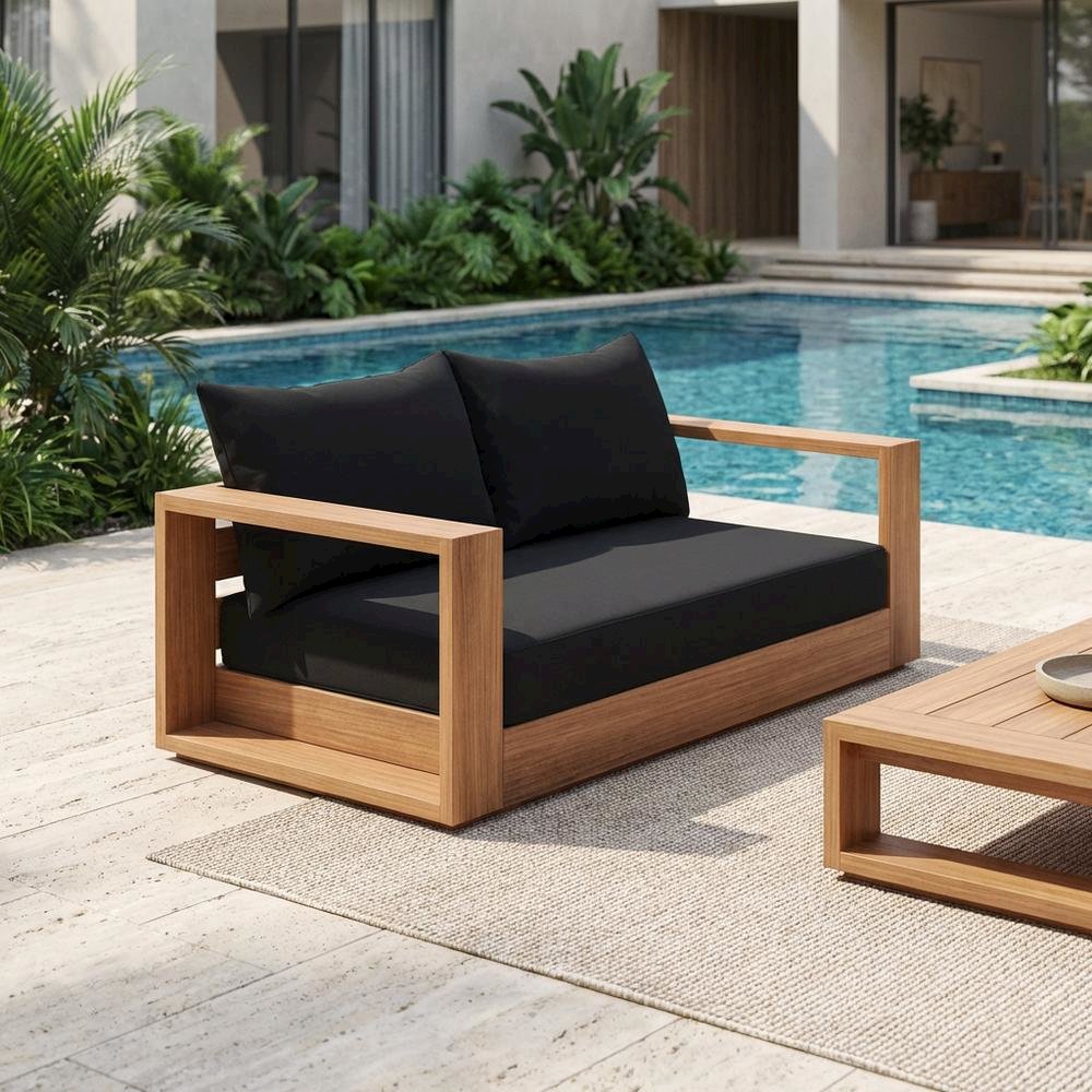 Contemporary Outdoor Loveseat In Black Fabric With Cushion And Light Teak Finish. Picture 3