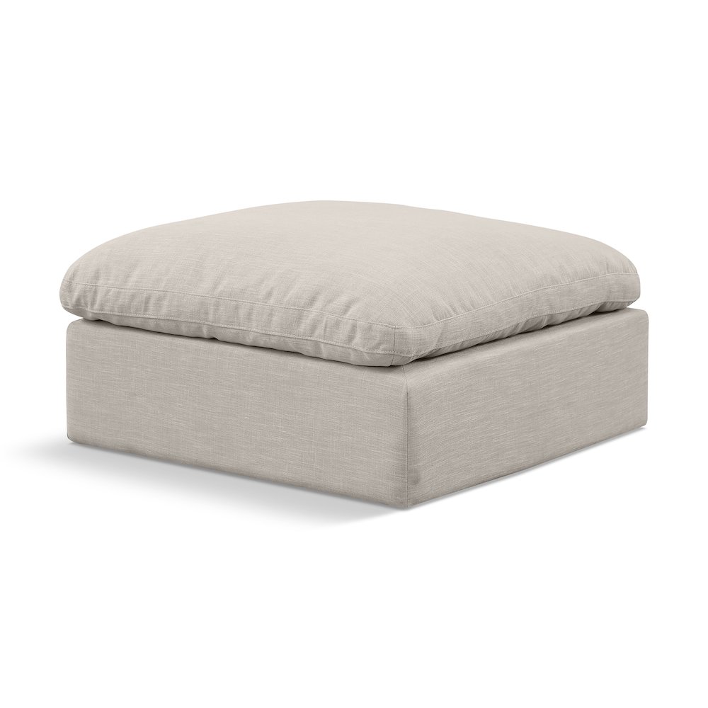 Indulge Beige Linen Textured Fabric Ottoman. Picture 1