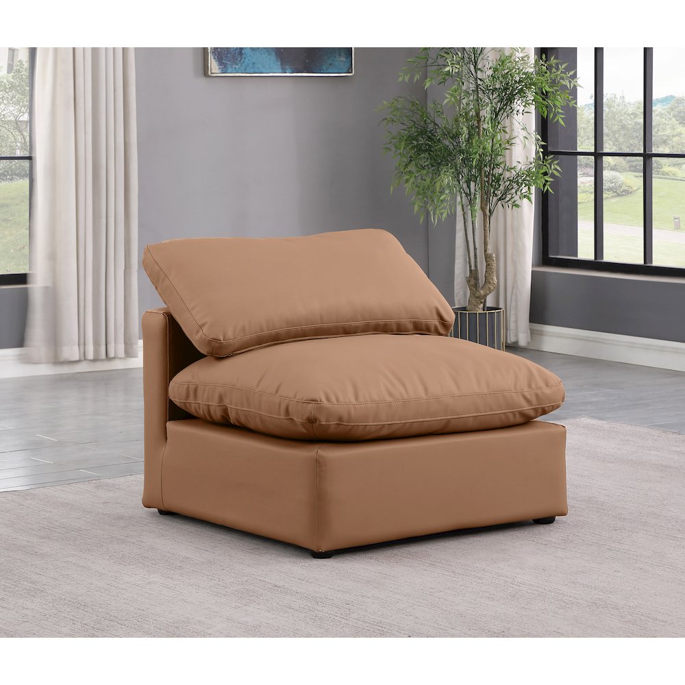 Indulge Cognac Vegan Leather Armless Chair. Picture 2