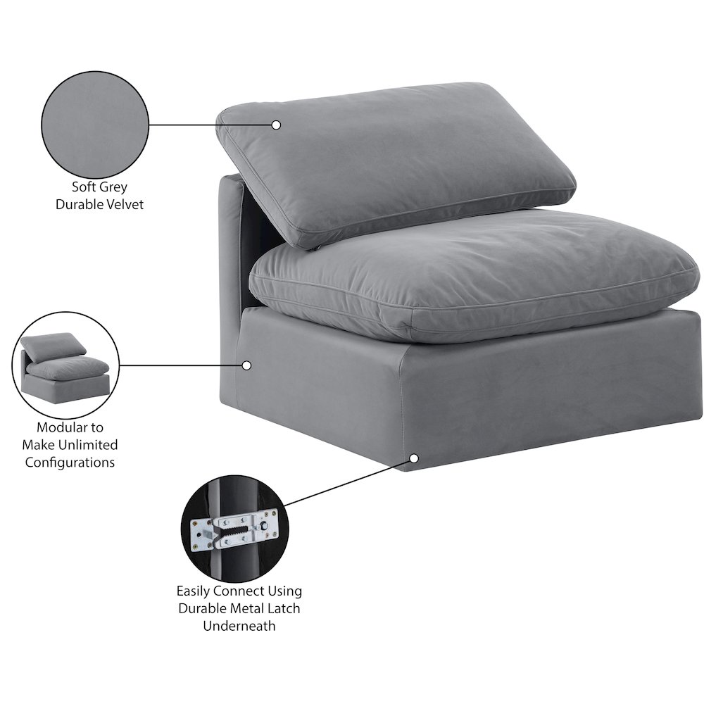 Indulge Grey Velvet Armless Chair. Picture 9
