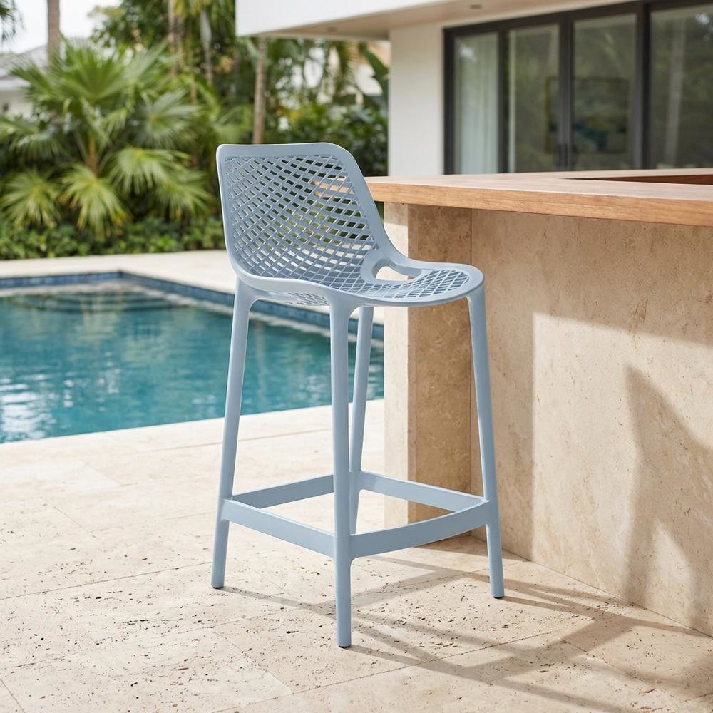 Set Of 4 Sky Blue Outdoor Patio Bar Stools, Protective Finish, Contemporary. Picture 3