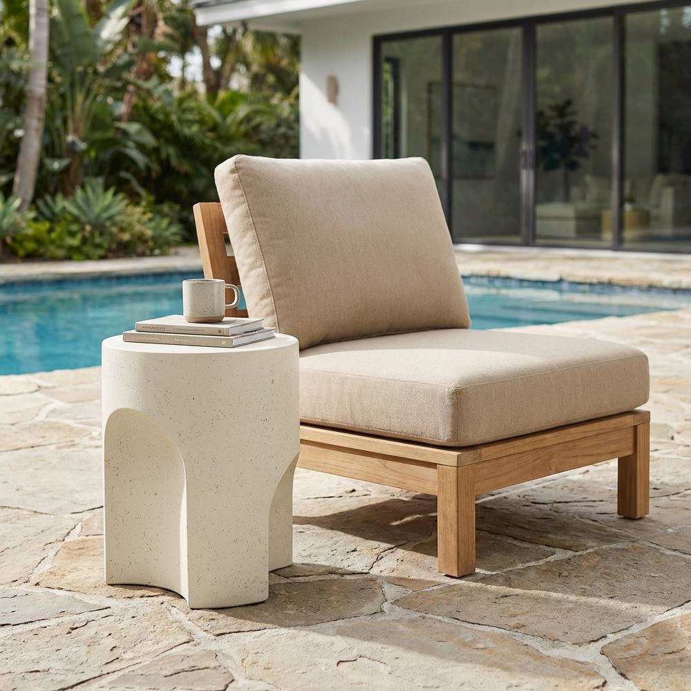 Cream Concrete Fiberglass Indoor Outdoor Round End Table with Art Deco Style. Picture 3