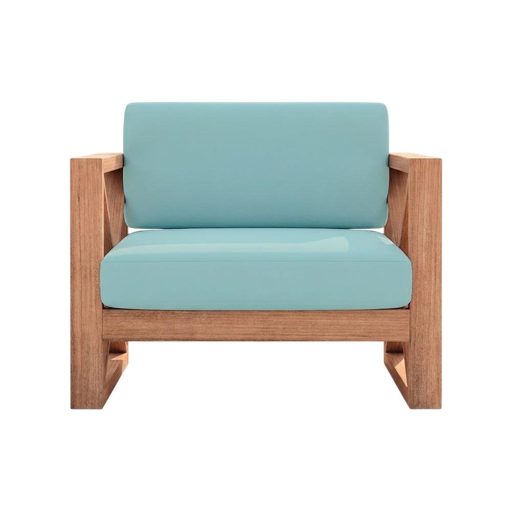 Blue Fabric Outdoor Chair With Cushioned Seat And Teak Finish. Picture 4