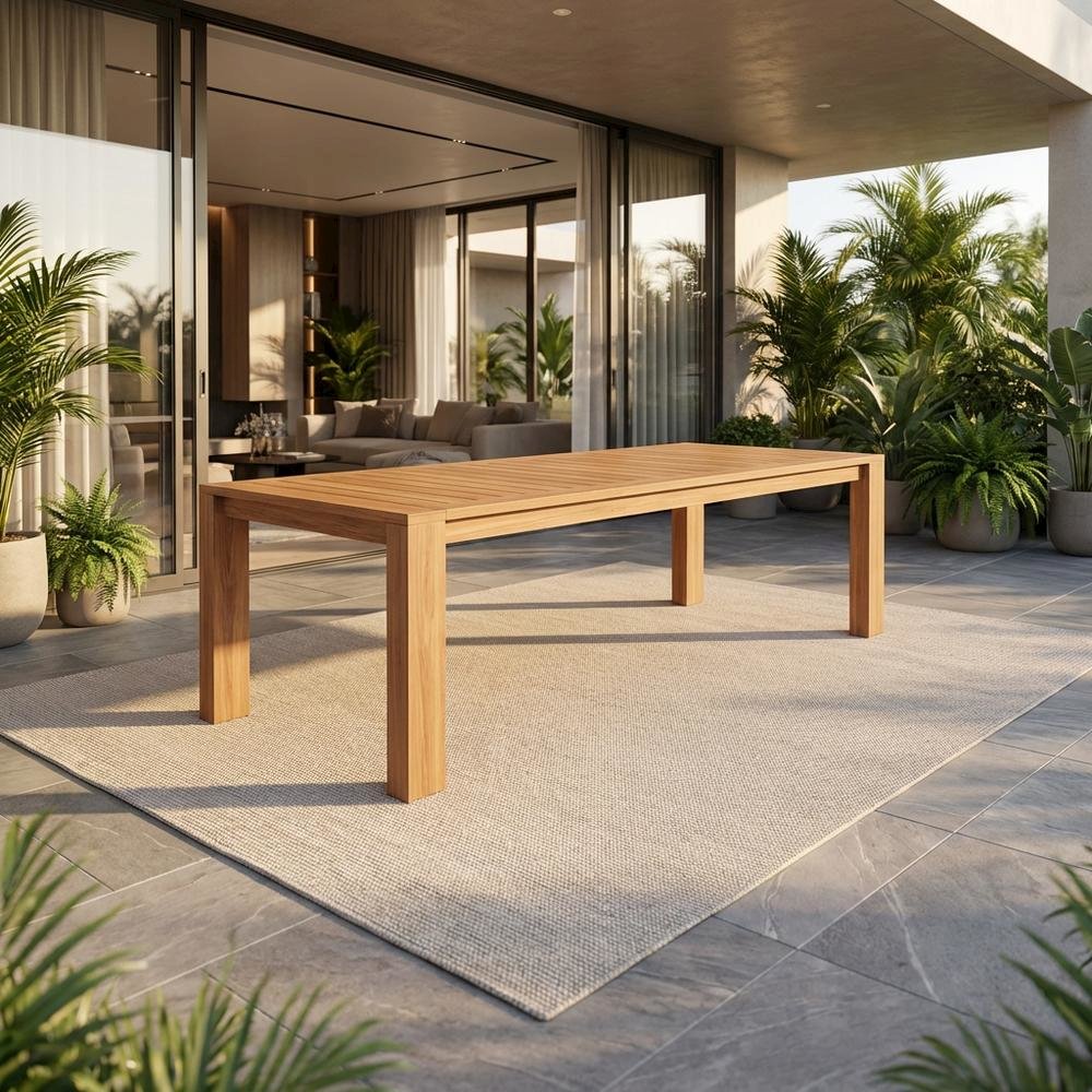 Outdoor Patio Dining Table With Aluminum Frame And Teak Finish, 108-Inch Wide. Picture 2