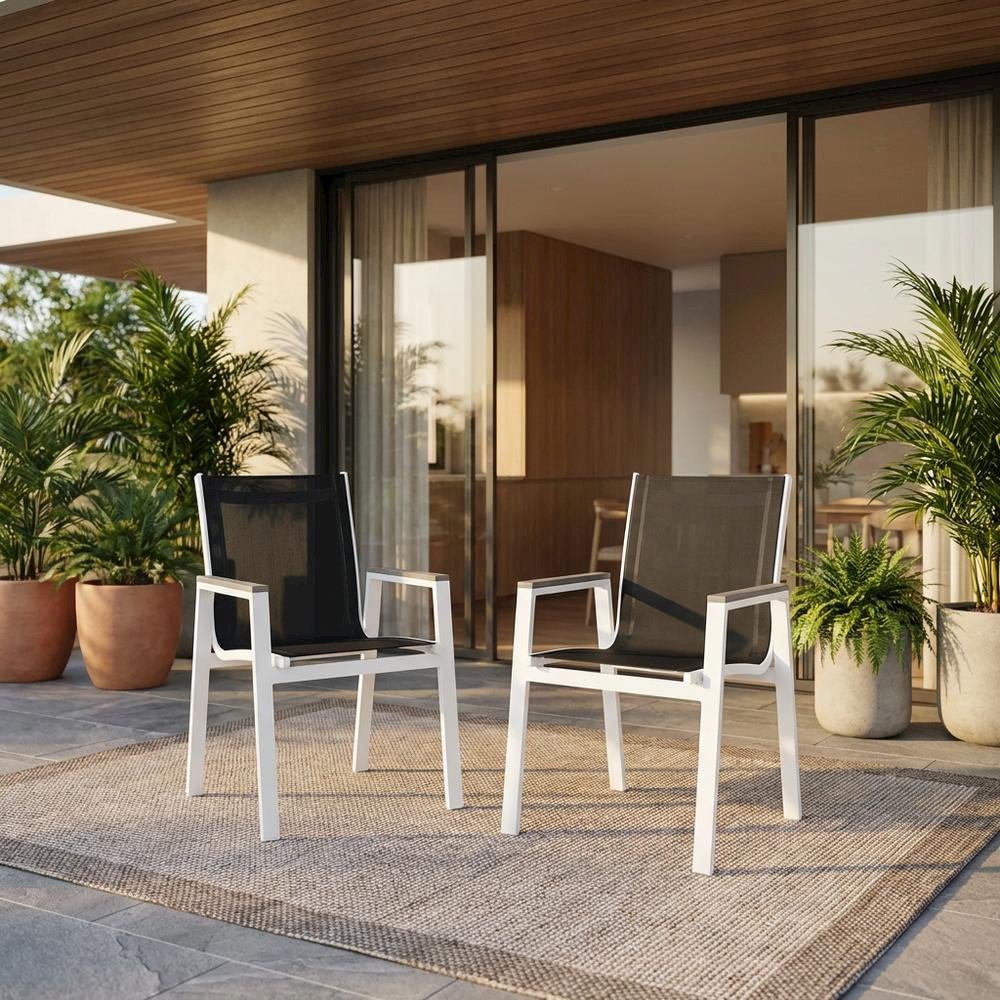 White Fabric Outdoor Patio Dining Arm Chair Set Of 2 With Contemporary Style. Picture 2