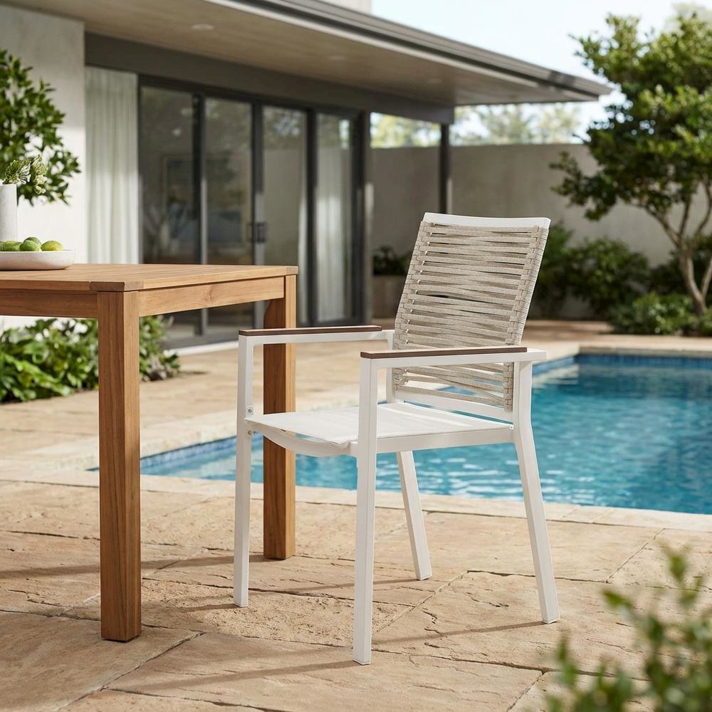Beige Rope Fabric Outdoor Patio Dining Arm Chairs Set Of 2, Contemporary Style. Picture 3
