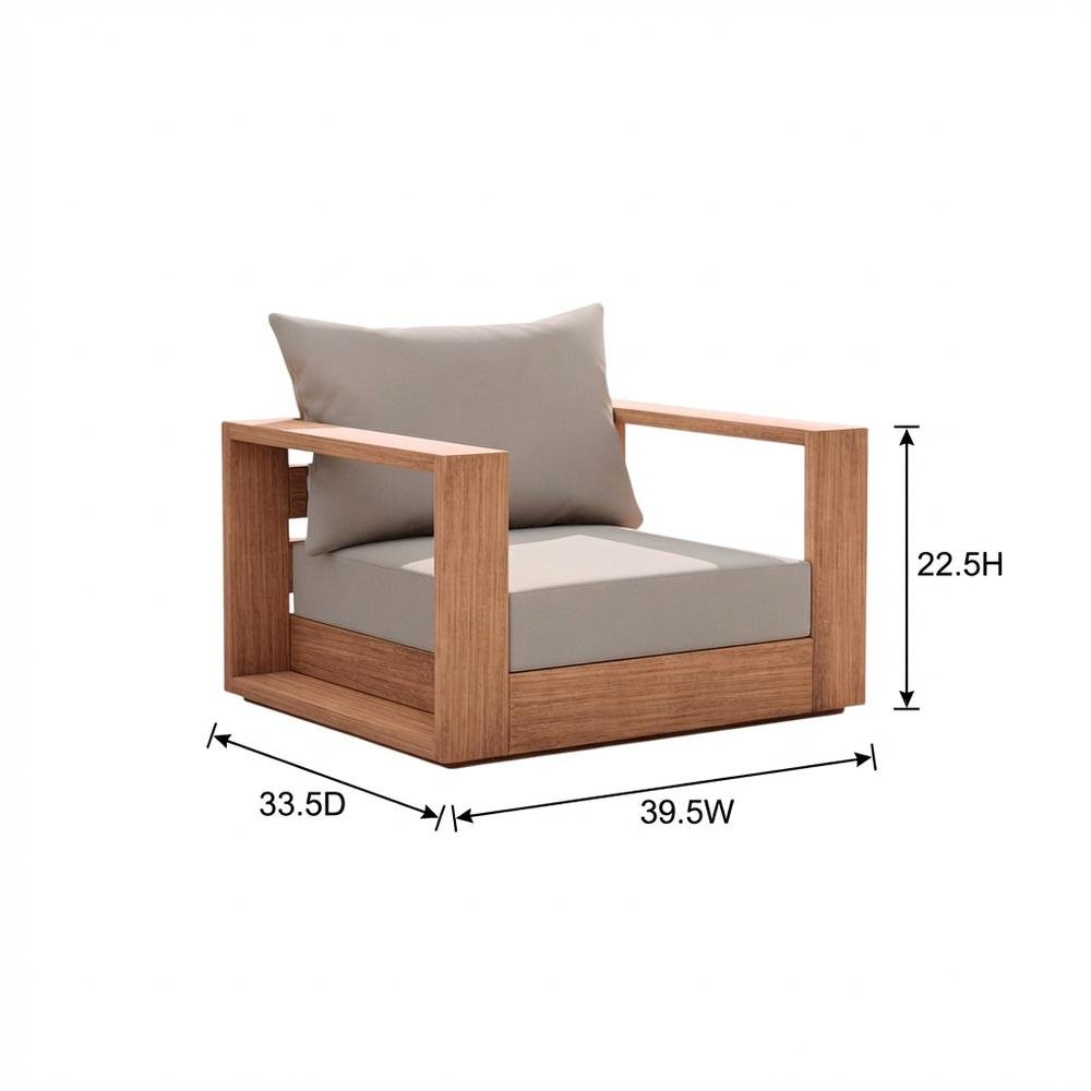 Gray Fabric Outdoor Chair With Pillow And Teak Finish. Picture 7