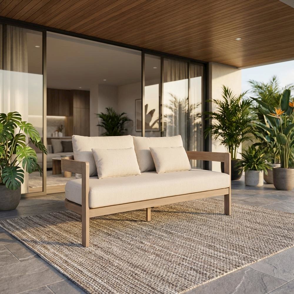 Beige Fabric Outdoor Loveseat With Pillow And Contemporary Style. Picture 2