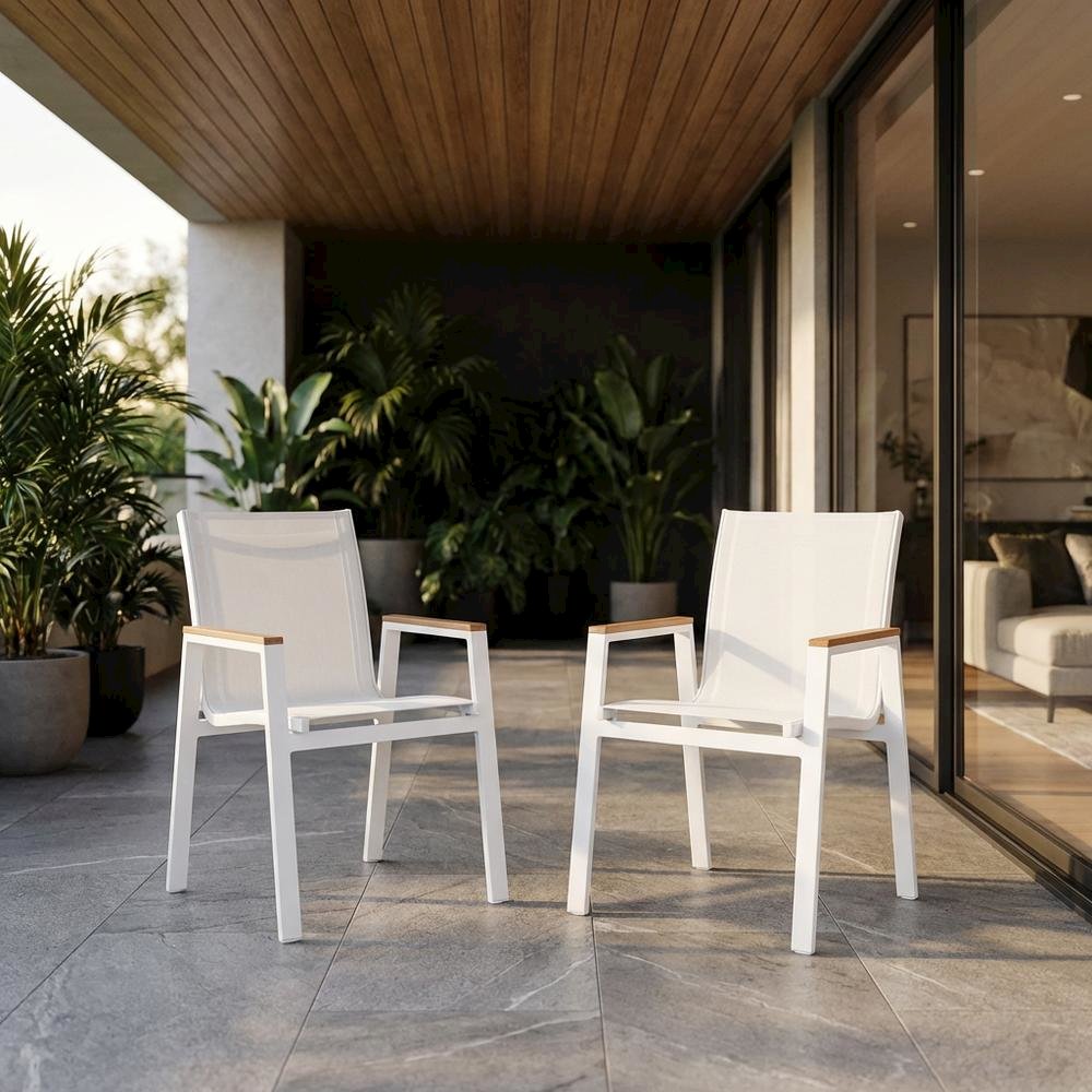 White Mesh Fabric Outdoor Patio Dining Armchair Set Of 2 With Contemporary Style. Picture 2