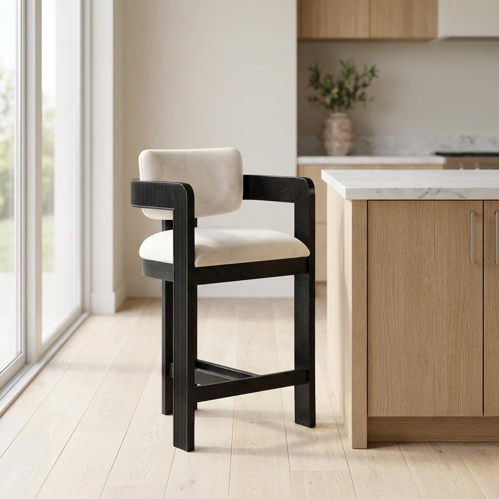 Velvet Art Deco Counter Stool, Low Back, Rubberwood Legs, Cream Velvet. Picture 3
