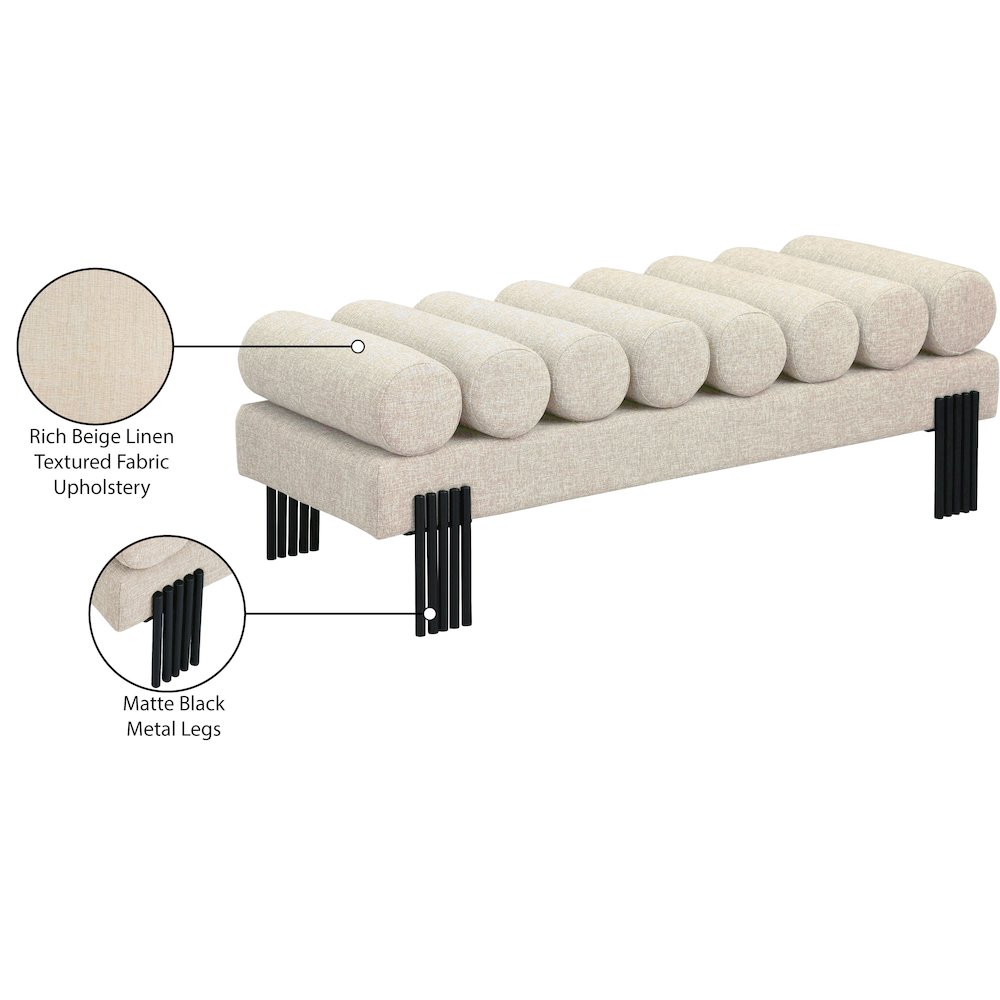 Akeela Beige Linen Textured Fabric Bench. Picture 8