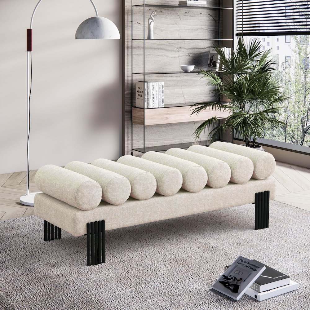 Akeela Beige Linen Textured Fabric Bench. Picture 2
