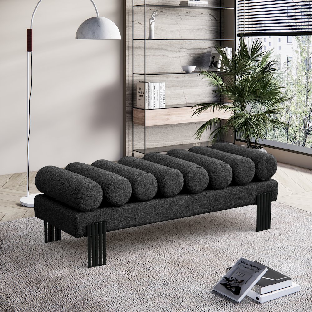 Akeela Black Linen Textured Fabric Bench. Picture 2