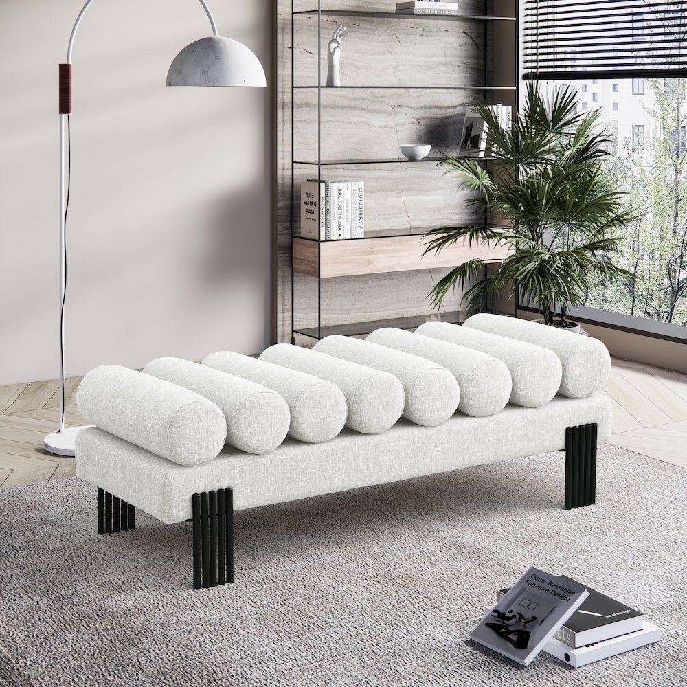Akeela Cream Linen Textured Fabric Bench. Picture 2
