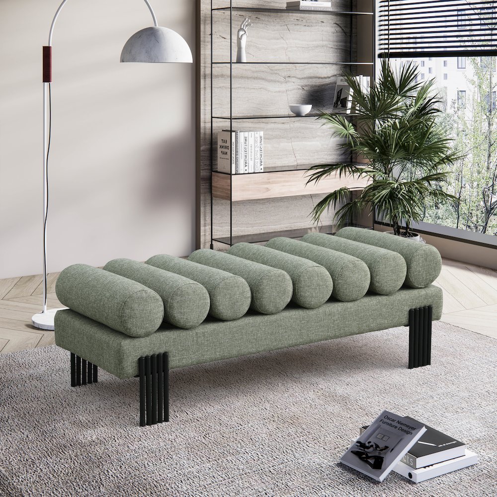 Akeela Green Linen Textured Fabric Bench. Picture 2