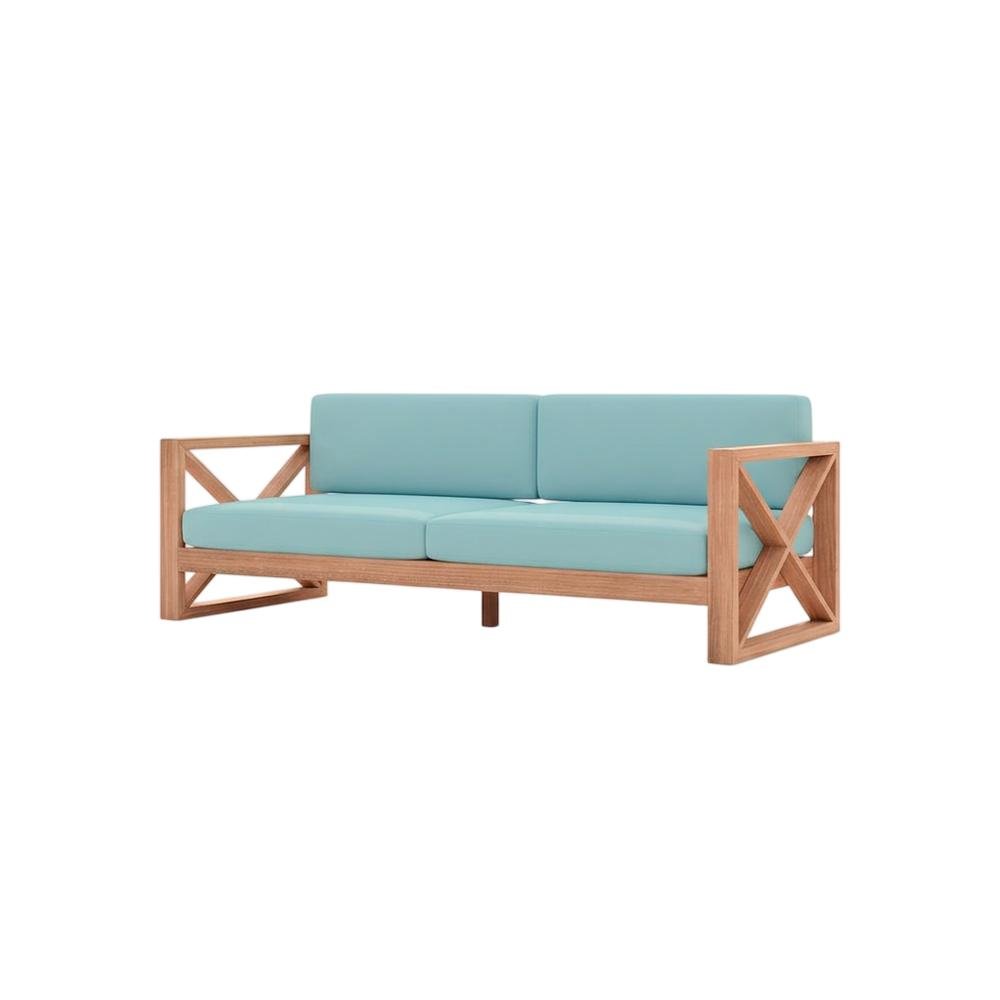 Blue Fabric Outdoor Sofa With Natural Teak Finish And Cushioned Seat. Picture 1