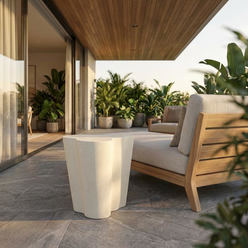 Cream Concrete And Fiberglass Indoor Outdoor End Table With Art Deco Style. Picture 2