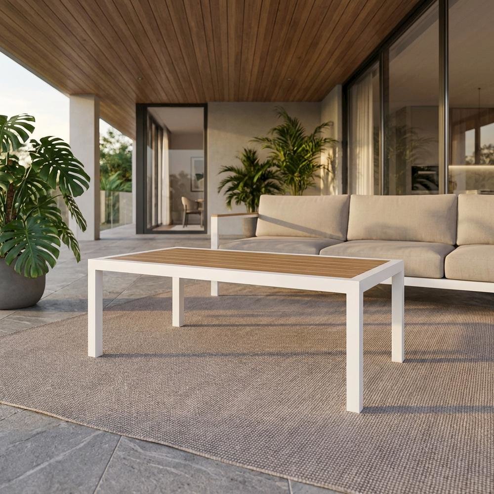 Brown Wood Look Accent Outdoor Patio Aluminum Coffee Table, Contemporary. Picture 2