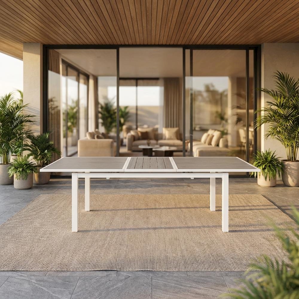 Gray Wood Look Outdoor Patio Dining Table With Adjustable Width And White Finish. Picture 2
