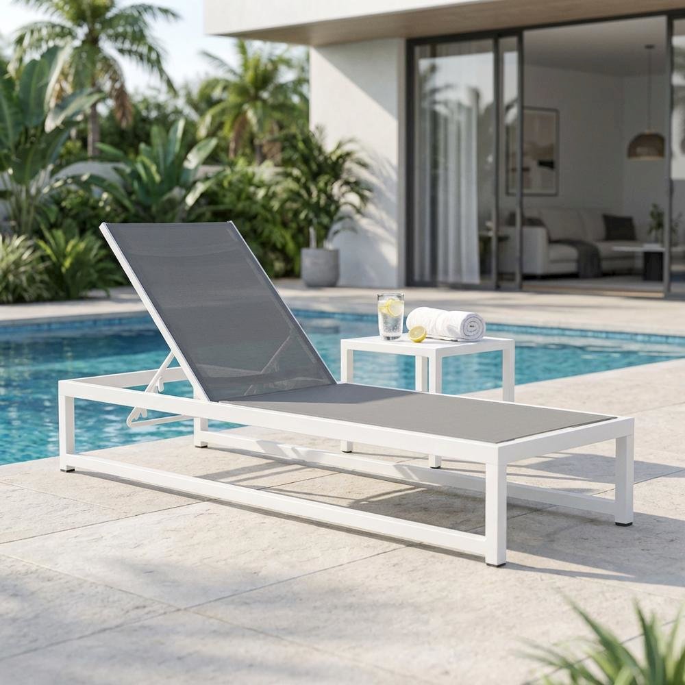 Gray Mesh Fabric Outdoor Chaise Lounge, Adjustable Height, Contemporary. Picture 3