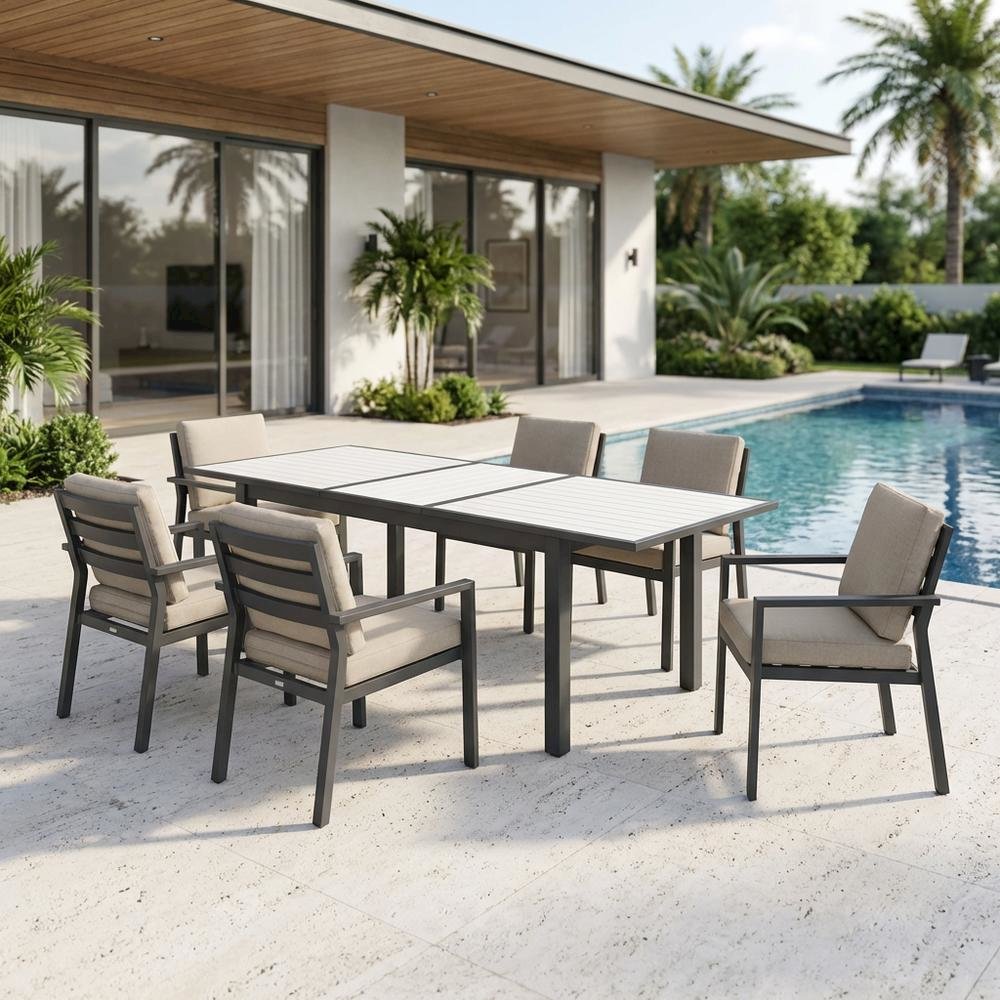 White Wood Look Patio Dining Table With Aluminum Frame And Adjustable Width. Picture 3