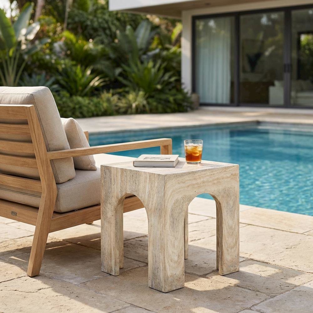 Concrete And Fiberglass Indoor/Outdoor End Table with Travertine Top. Picture 3