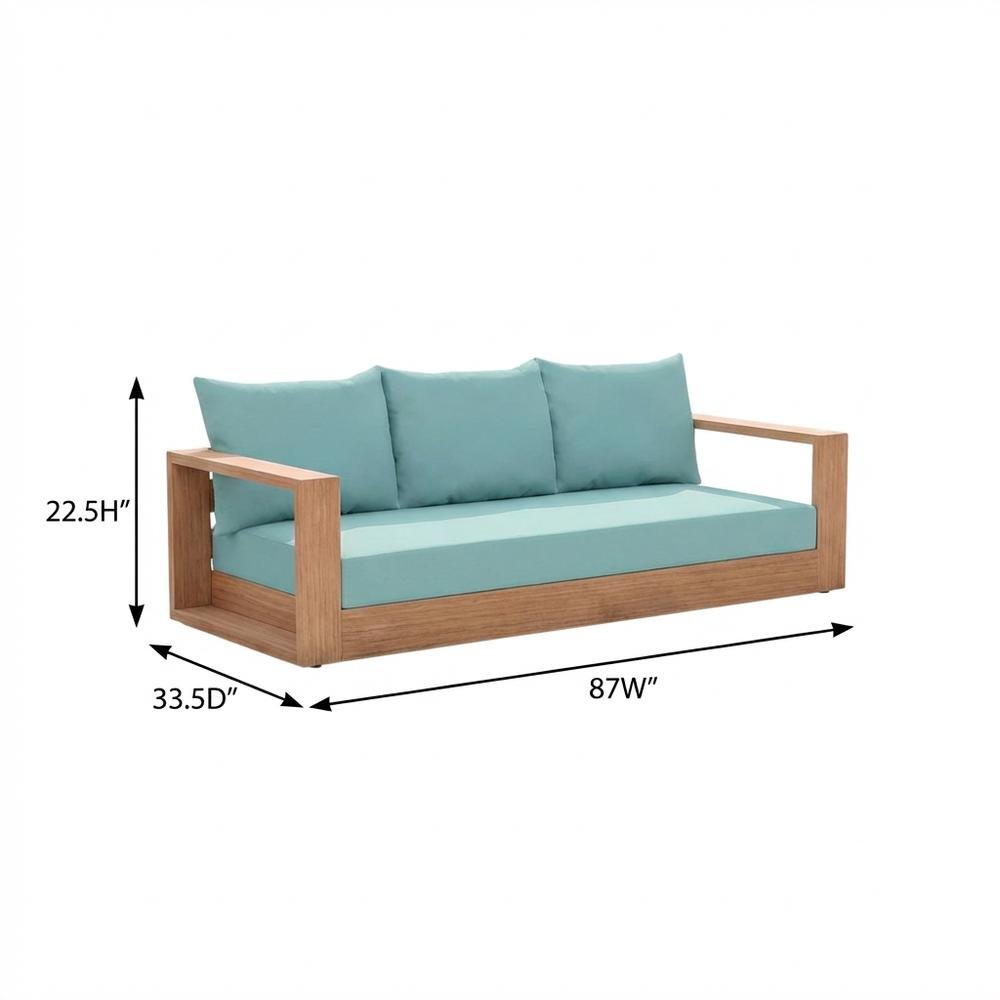Contemporary Blue Fabric Outdoor Sofa With Cushioned Seat And Pillows. Picture 7