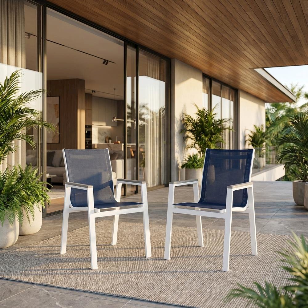 Navy Mesh Fabric Outdoor Armchair Set Of 2 With Contemporary Style. Picture 2