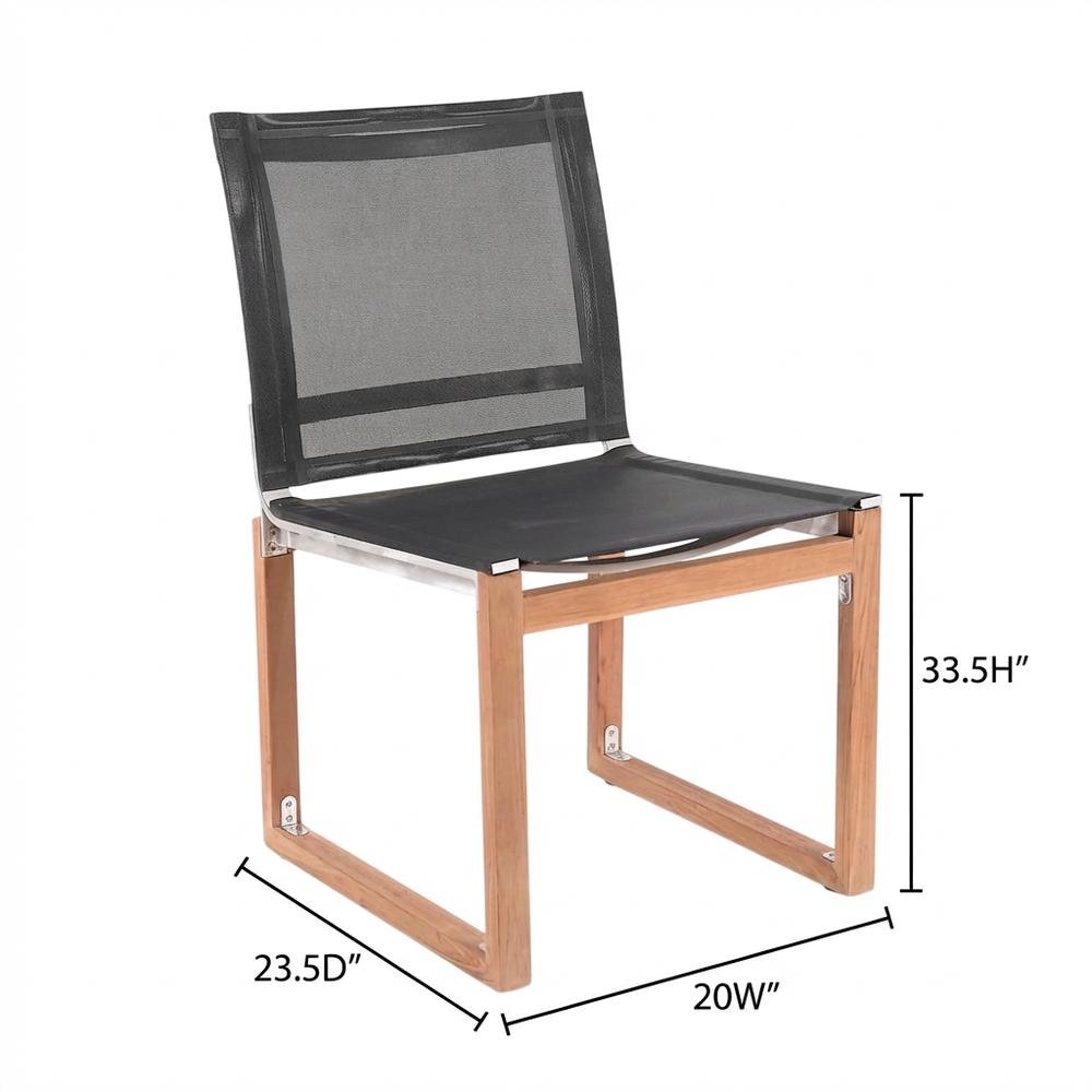 Contemporary Black Fabric Outdoor Patio Dining Side Chair With Teak Finish. Picture 7