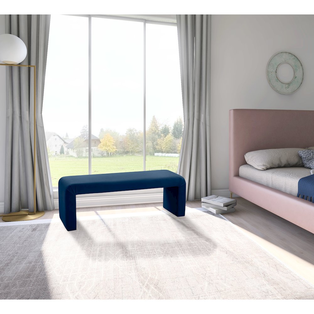 Minimalist Navy Velvet Bench. Picture 2