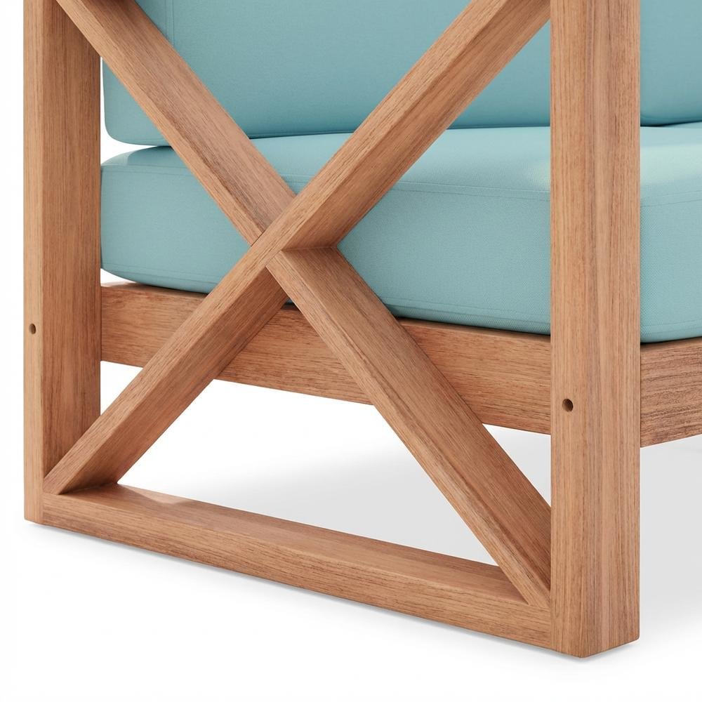 Blue Fabric Outdoor Sofa With Natural Teak Finish And Cushioned Seat. Picture 6