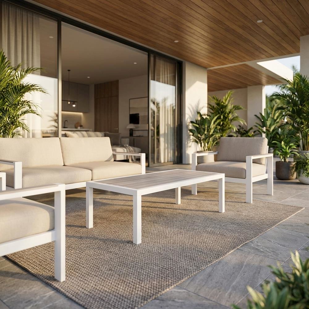 Gray Wood Look Outdoor Coffee Table With Aluminum Frame And Contemporary Design. Picture 2
