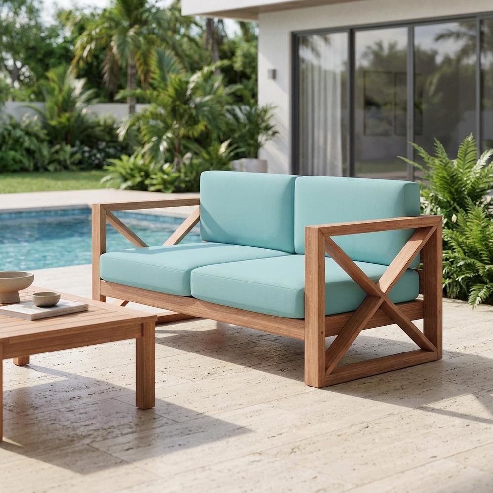 Blue Fabric Outdoor Loveseat With Pillow And Light Finish. Picture 3
